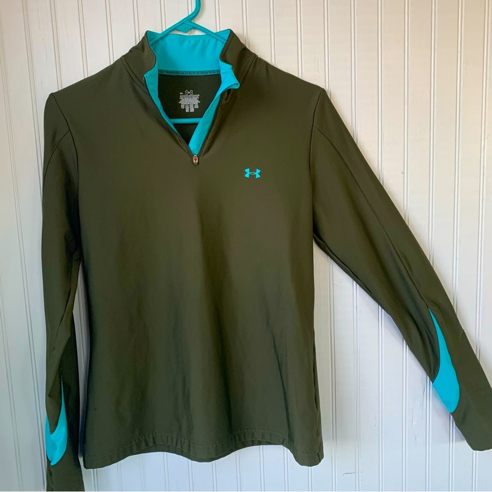 Under Armour 1/4 Zip Long Sleeve (XL) Hunter Green w/Teal trim around Neckline